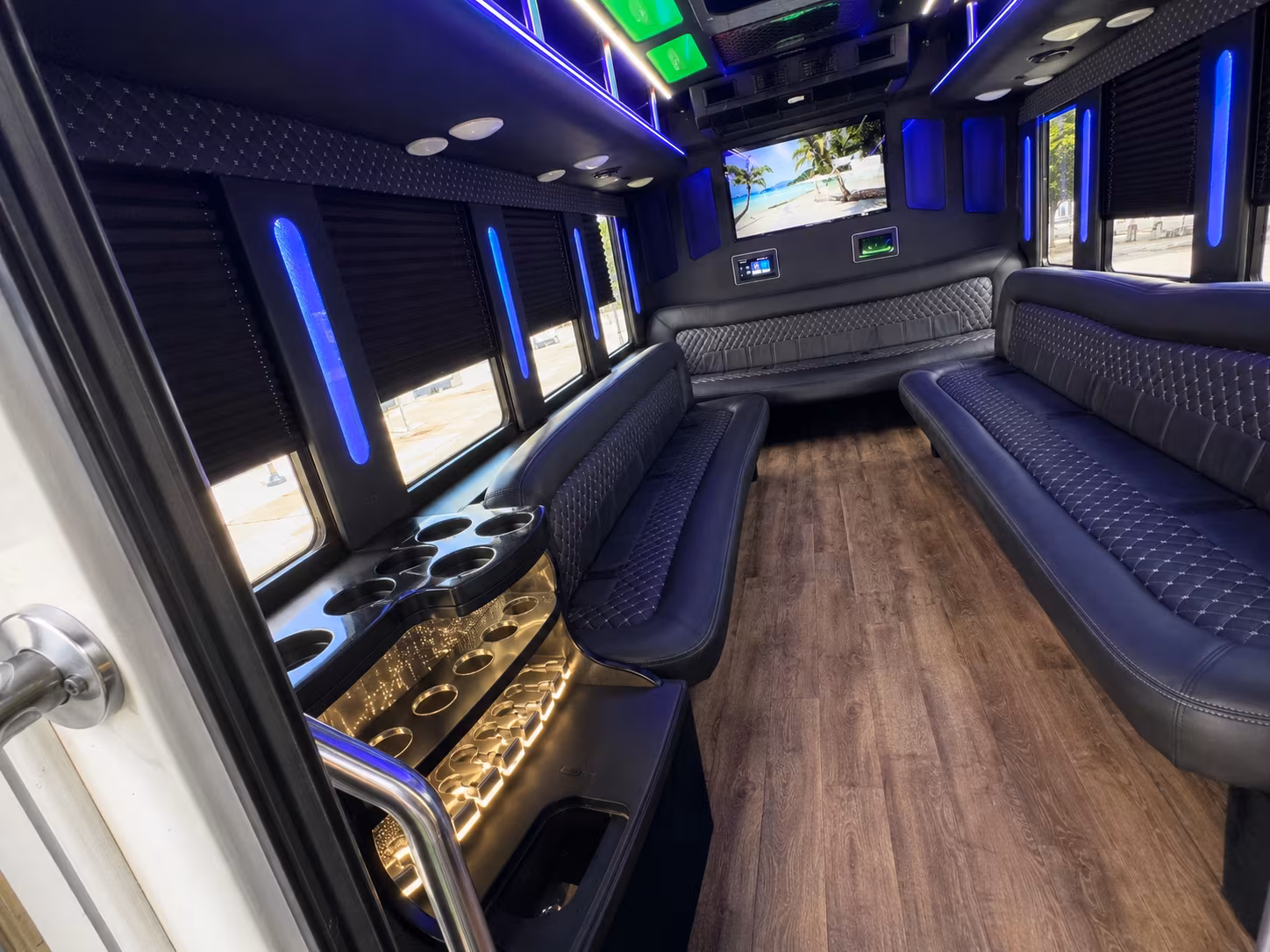 Passenger seating aboard a party bus rental serving Boise